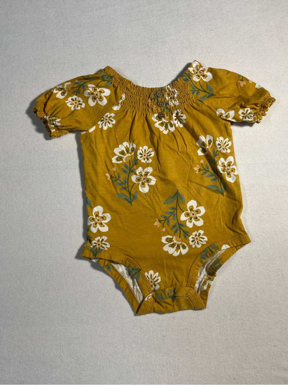 Carter’s Baby Girl Mustard Yellow Floral Smocked Puff Sleeve Bodysuit 18M
